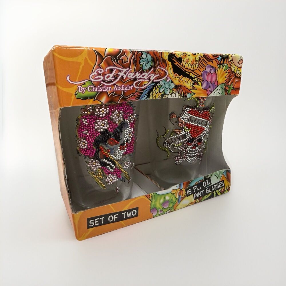 Don Ed Hardy Designs Pint Glasses Set of 2-16oz Tattoo Art Christian Audigier